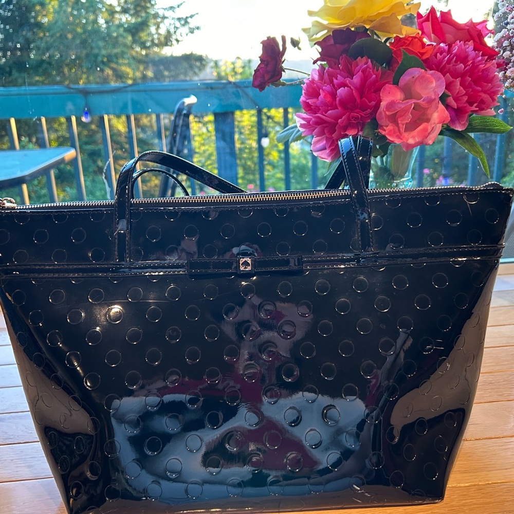Kate Spade Black patent leather polkadot tote.